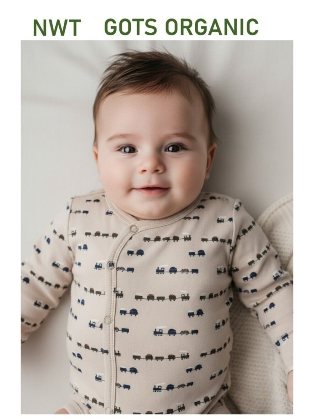 Musli of Denmark Organic Cotton Trains Print Baby Long Sleeve Onesie size 3-6M